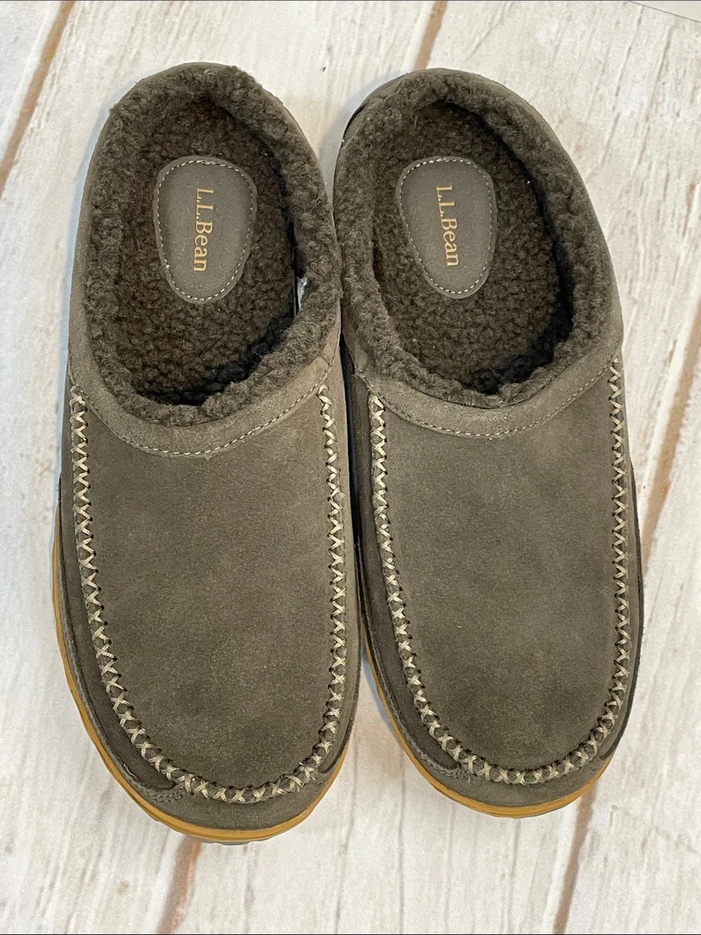 L.L. Bean Mens 10 Suede Slippers Grey Shearling Slip-On Loafers Low Back Cozy
